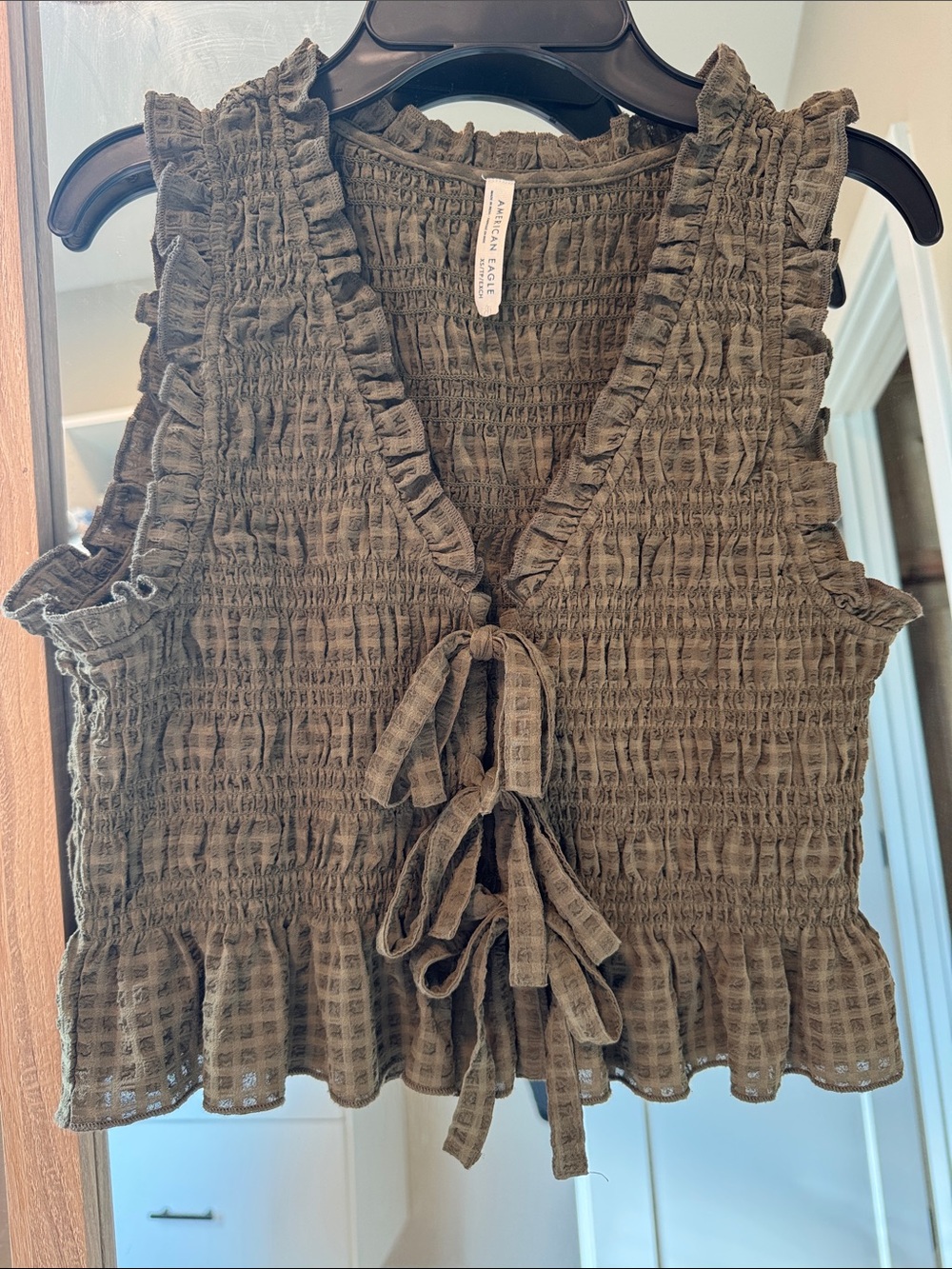 American Eagle Outfitters Olive Green Smocked Tie-Front Ruffle Camisole